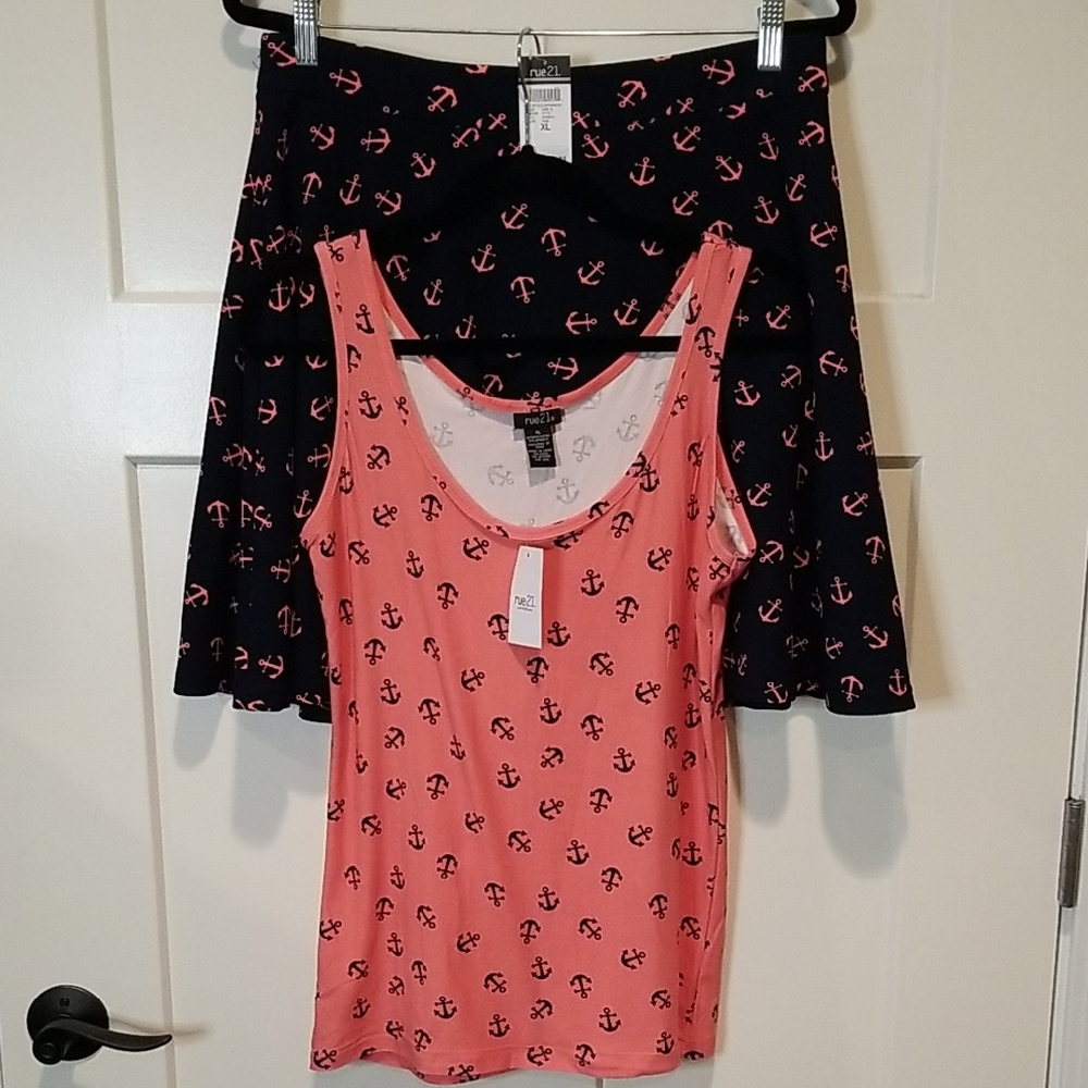 Rue21 Navy Blue With Coral Anchor Print Tank Top and Skirt Set Size XL NWT